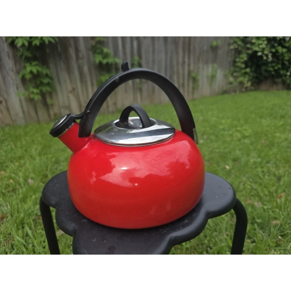 Red Enamel Whistling Tea Kettle Stovetop Water Pot with Black Handle